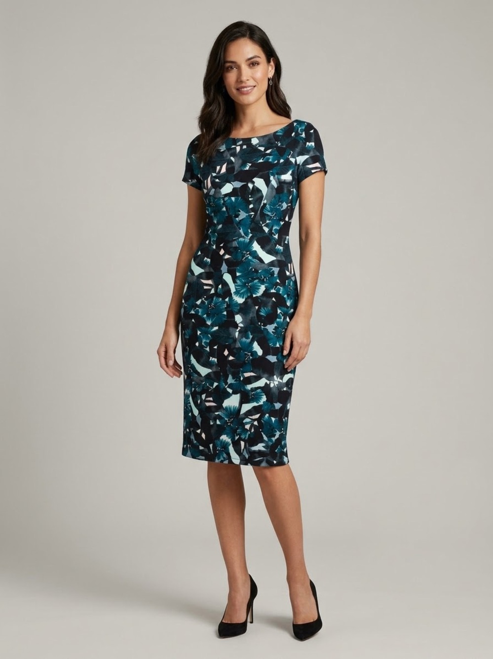 ERDEM Vanya Teal and Black Floral Botanical Sheath Jersey Dress Size 12